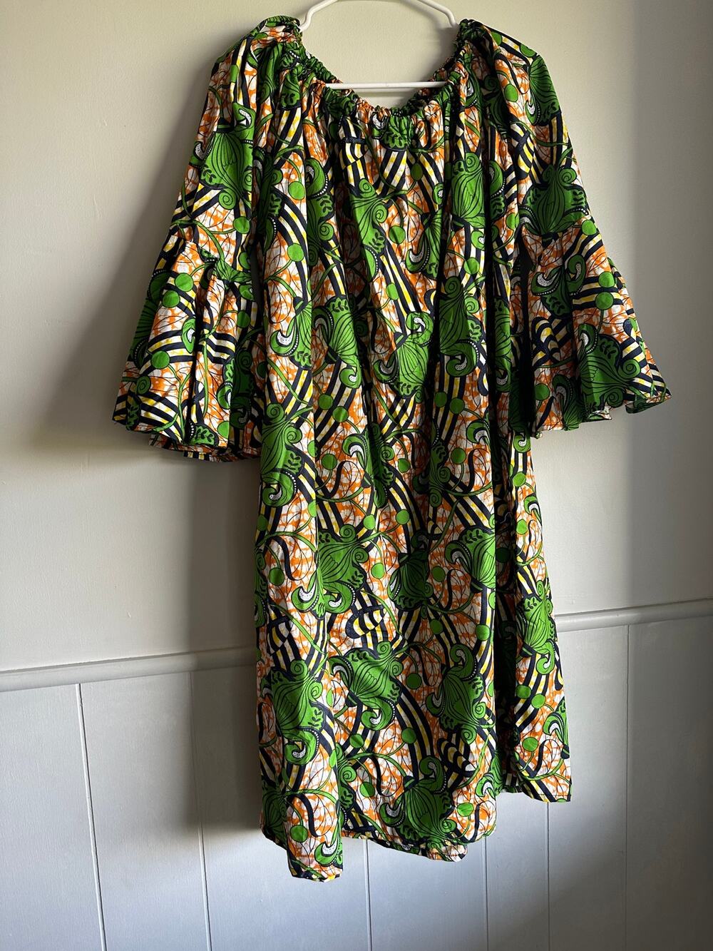Handmade Ankara African Wax Print Off Shoulder Dress Bell Sleeve Green Orange